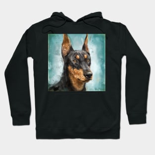 Contemporary Painting of a Black and Gold Doberman Pinscher on Blue Background Hoodie